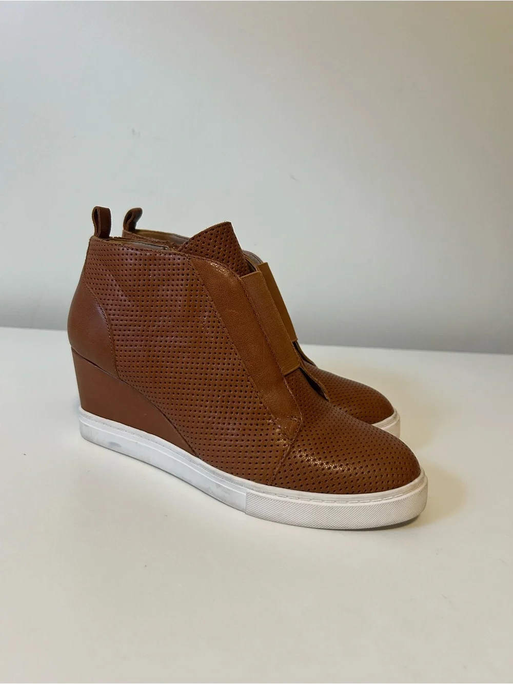 Paolo Perforated Wedge Slip-Ons in Cognac Brown